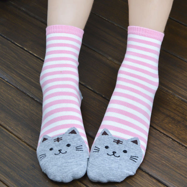 Stylish 3D Animals Striped Cartoon Socks Women Cat Footprints Cotton Socks Floor length sock for lady