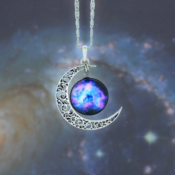 Galaxy Necklace Lovely Moon Galaxy Nebula Space Antique Silver Alloy Pendant Platinum Plated Chain Necklace Couple Gift 2014 HOT