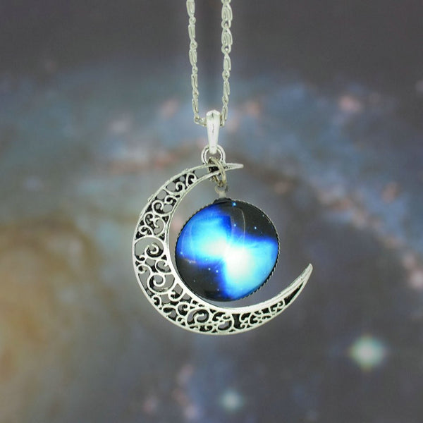 Galaxy Necklace Lovely Moon Galaxy Nebula Space Antique Silver Alloy Pendant Platinum Plated Chain Necklace Couple Gift 2014 HOT