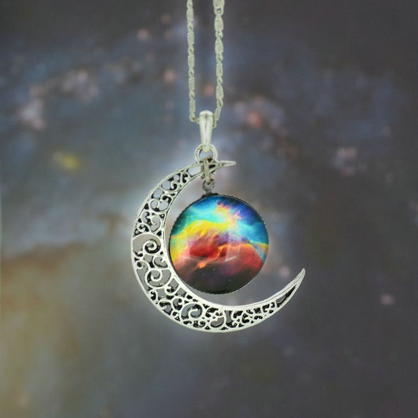 Galaxy Necklace Lovely Moon Galaxy Nebula Space Antique Silver Alloy Pendant Platinum Plated Chain Necklace Couple Gift 2014 HOT