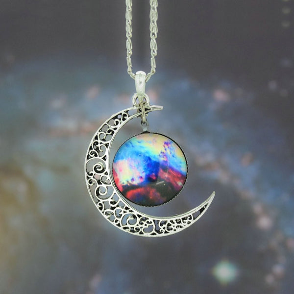 Galaxy Necklace Lovely Moon Galaxy Nebula Space Antique Silver Alloy Pendant Platinum Plated Chain Necklace Couple Gift 2014 HOT