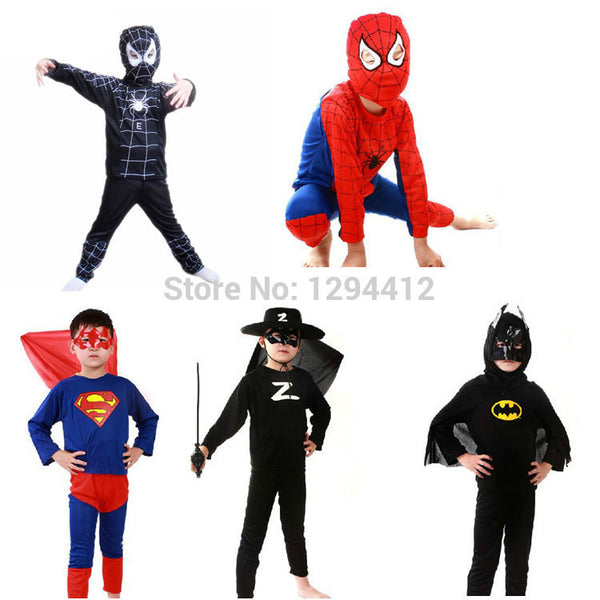 Free shipping spider-man black Spiderman superman batman zorro party cosplay costume kid's Halloween gift play clothes Hot sale