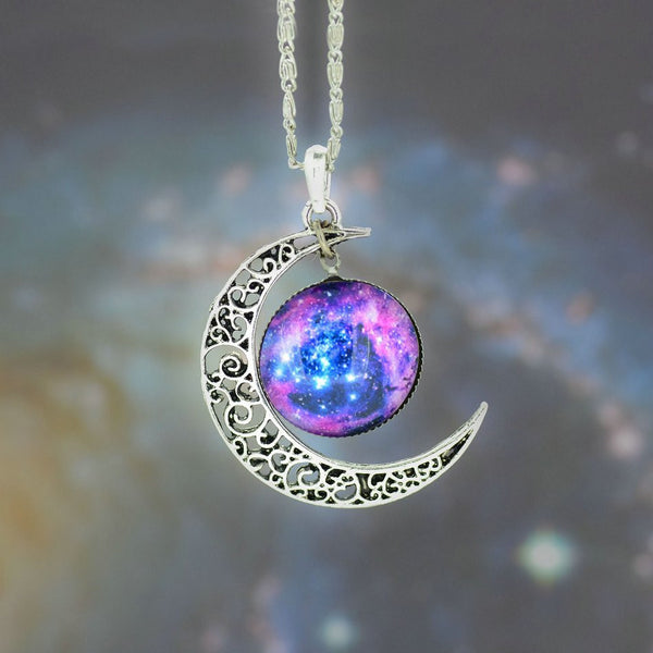 Galaxy Necklace Lovely Moon Galaxy Nebula Space Antique Silver Alloy Pendant Platinum Plated Chain Necklace Couple Gift 2014 HOT