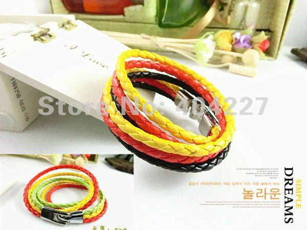 2012NEW MENS Yellow Green Red Braid Rope Lithuania Flag Surfer 3 Strands buckle unisex Leather Bracelet Retail Wholesale D08S01