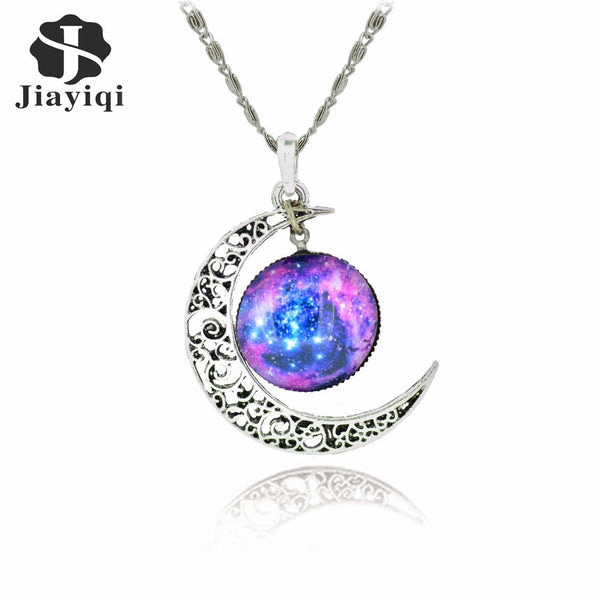 Galaxy Necklace Lovely Moon Galaxy Nebula Space Antique Silver Alloy Pendant Platinum Plated Chain Necklace Couple Gift 2014 HOT