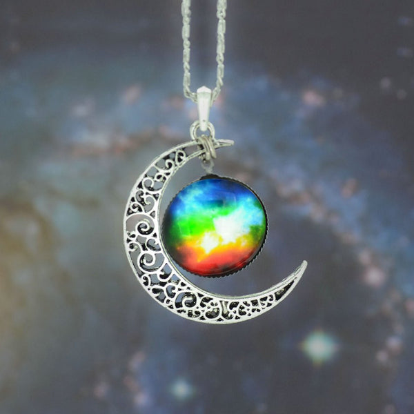 Galaxy Necklace Lovely Moon Galaxy Nebula Space Antique Silver Alloy Pendant Platinum Plated Chain Necklace Couple Gift 2014 HOT