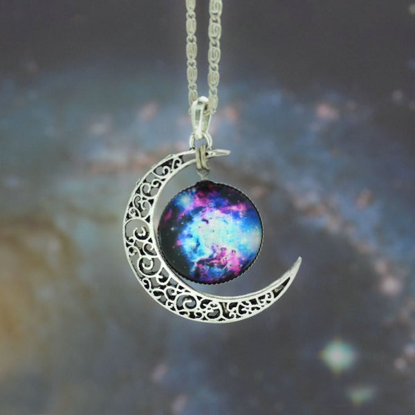 Galaxy Necklace Lovely Moon Galaxy Nebula Space Antique Silver Alloy Pendant Platinum Plated Chain Necklace Couple Gift 2014 HOT