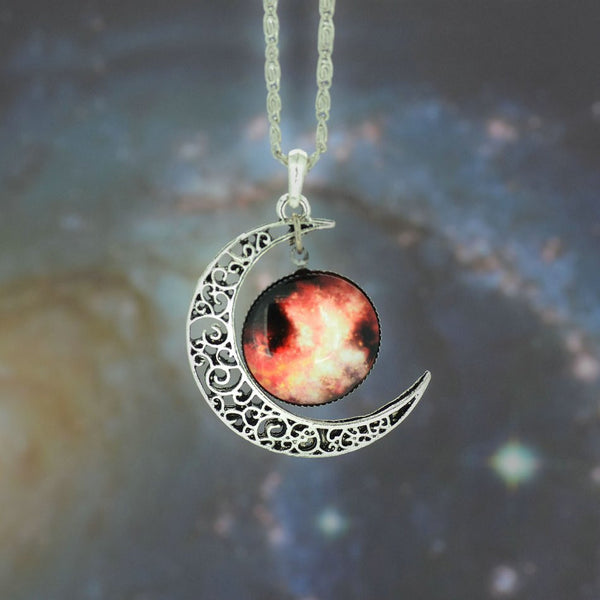 Galaxy Necklace Lovely Moon Galaxy Nebula Space Antique Silver Alloy Pendant Platinum Plated Chain Necklace Couple Gift 2014 HOT