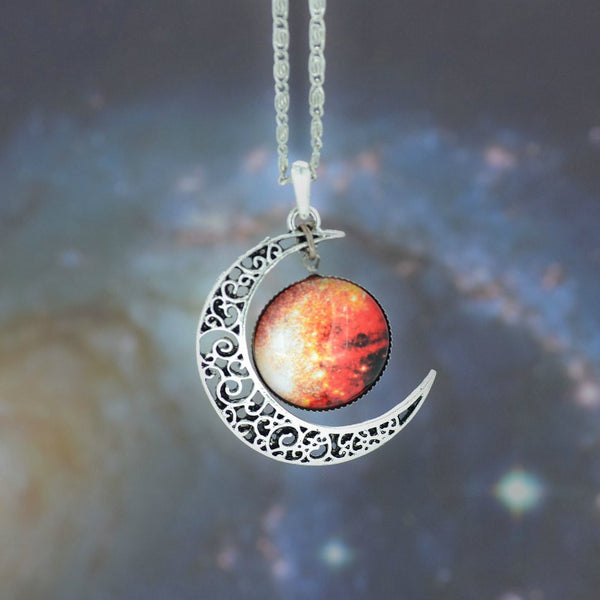 Galaxy Necklace Lovely Moon Galaxy Nebula Space Antique Silver Alloy Pendant Platinum Plated Chain Necklace Couple Gift 2014 HOT