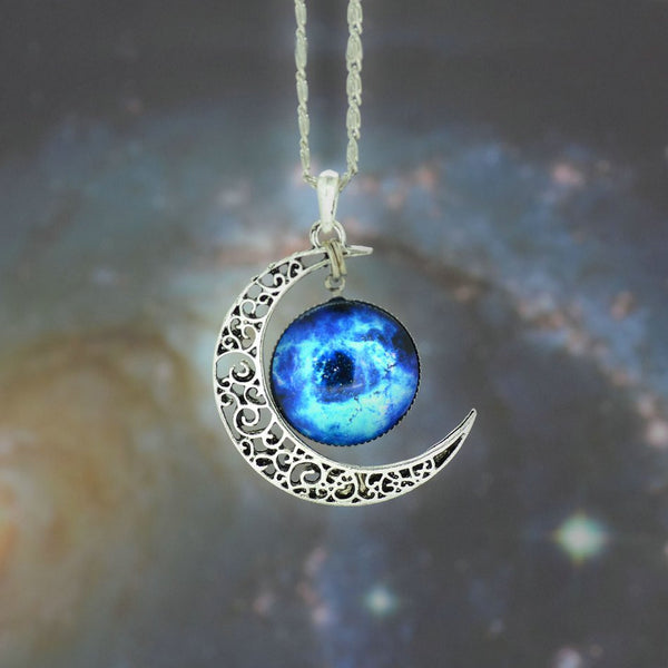 Galaxy Necklace Lovely Moon Galaxy Nebula Space Antique Silver Alloy Pendant Platinum Plated Chain Necklace Couple Gift 2014 HOT