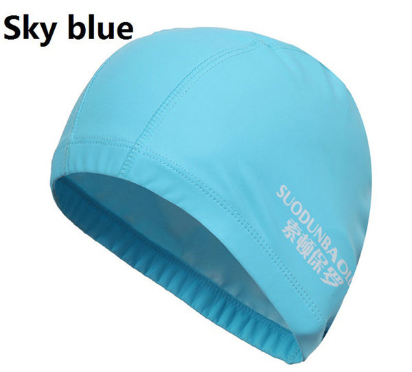 2015 New Elastic Waterproof PU Fabric Protect Ears Long Hair Sports Swim Pool Hat Swimming Cap Free size for Men & Women Adults