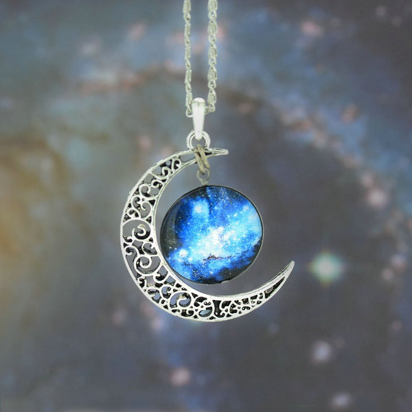 Galaxy Necklace Lovely Moon Galaxy Nebula Space Antique Silver Alloy Pendant Platinum Plated Chain Necklace Couple Gift 2014 HOT