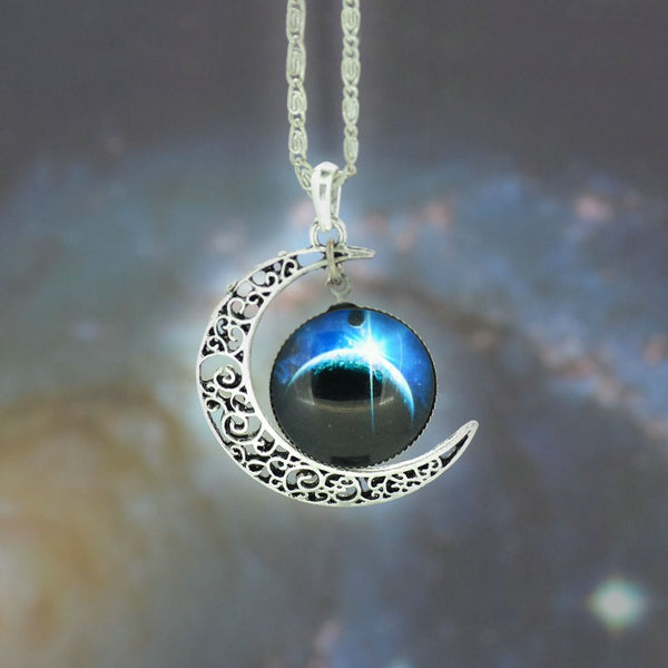 Galaxy Necklace Lovely Moon Galaxy Nebula Space Antique Silver Alloy Pendant Platinum Plated Chain Necklace Couple Gift 2014 HOT