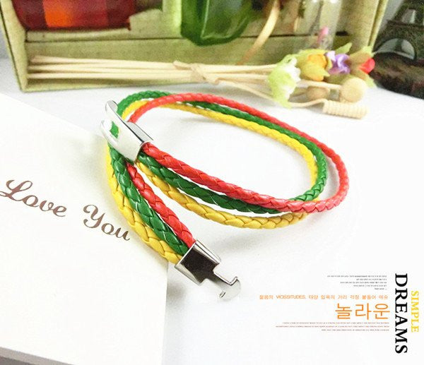 2012NEW MENS Yellow Green Red Braid Rope Lithuania Flag Surfer 3 Strands buckle unisex Leather Bracelet Retail Wholesale D08S01